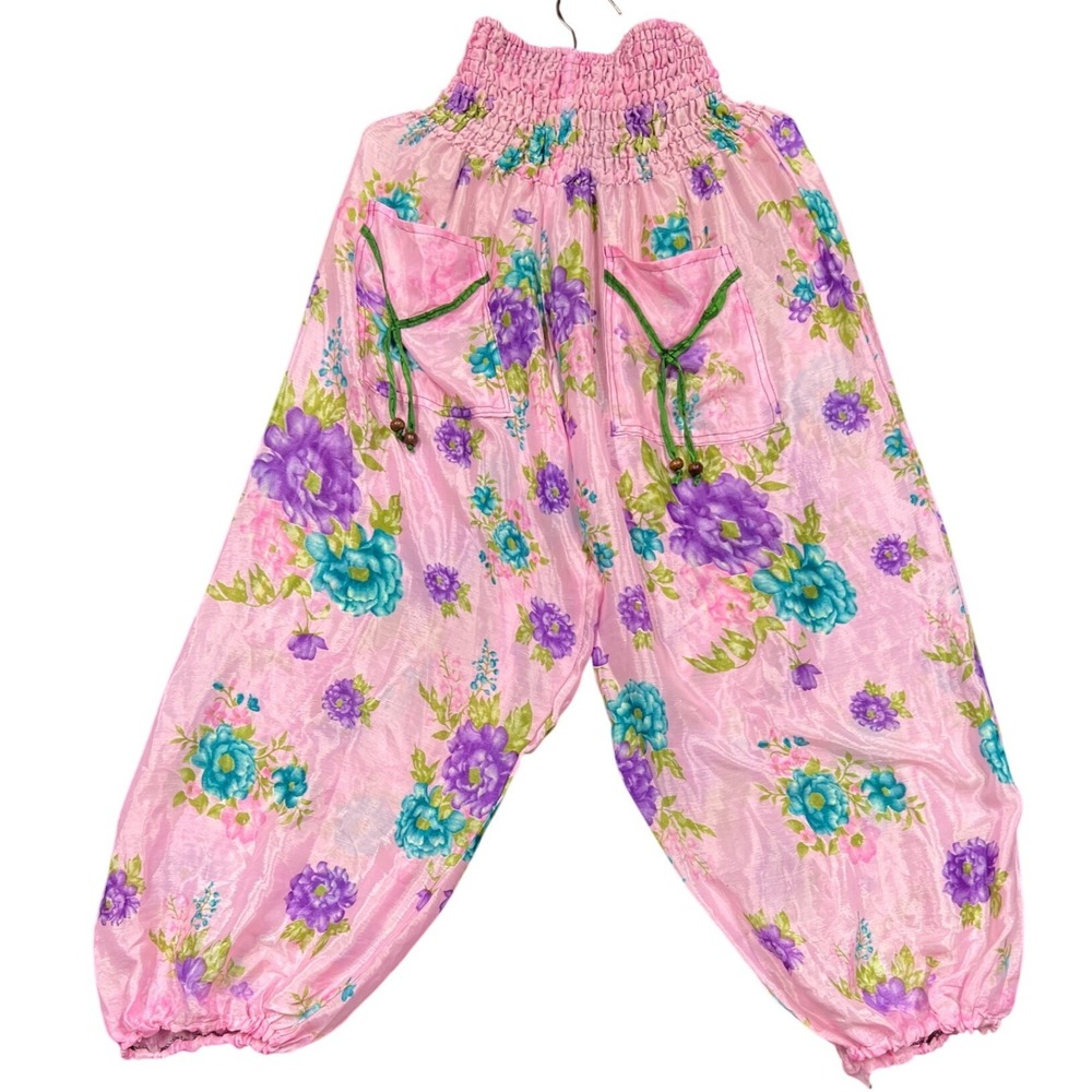 Wevez Harem Pants XL Pink Floral Silk Blend Smocked Waist Boho Yoga Pockets